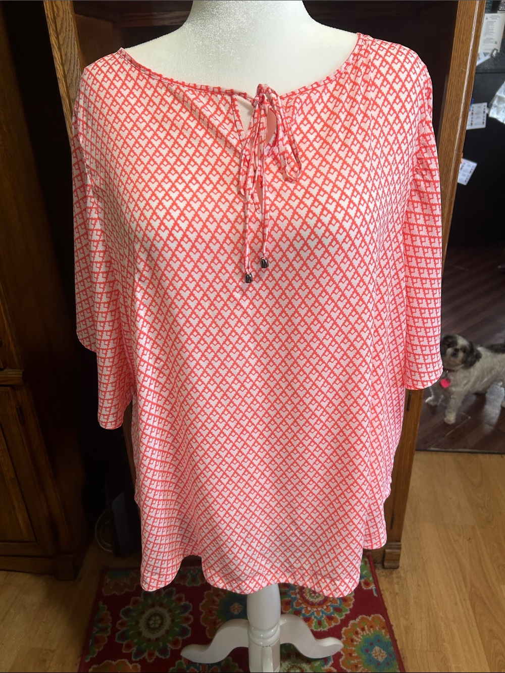 STYLUS Coral and White Geometric Tie-Neck Blouse